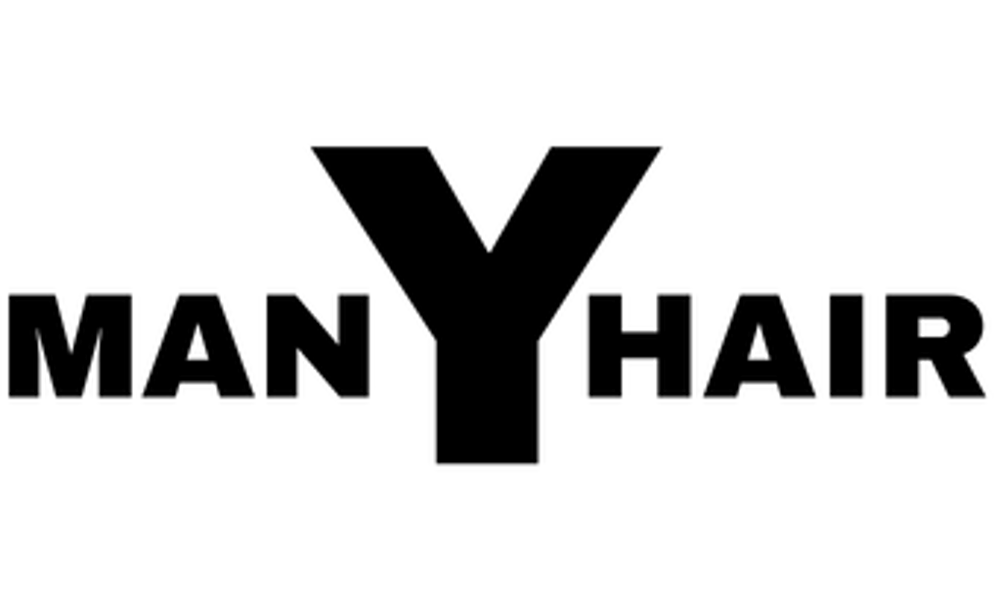 Schwarzes Logo mit dem Text "MAN Y HAIR" auf grünem Hintergrund. Das "Y" ist größer.