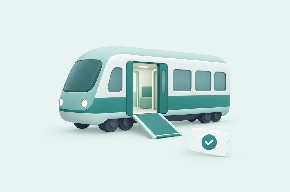 Illustration: Zugwagen mit Einstiegsrampe und Fahrkarte