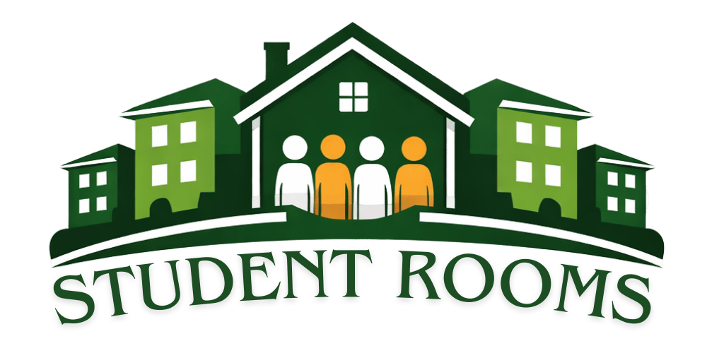 Grünes Logo mit Häusern, vier stilisierten Personen und dem Text "STUDENT ROOMS".
