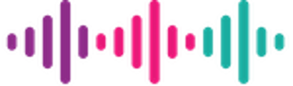 Bunte Audio-Wellenform aus vertikalen Balken in Violett, Pink und Türkis auf schwarzem Hintergrund.