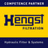 Hengst Filtration Logo auf gelb-blauem Hintergrund mit "Competence Partner" und "Hydraulic Filter & Systems".