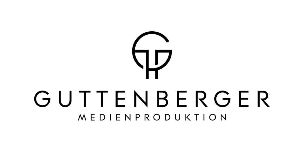 Logo mit stilisiertem "G" und Text "GUTTENBERGER MEDIENPRODUKTION" in Schwarz auf dunklem Hintergrund.