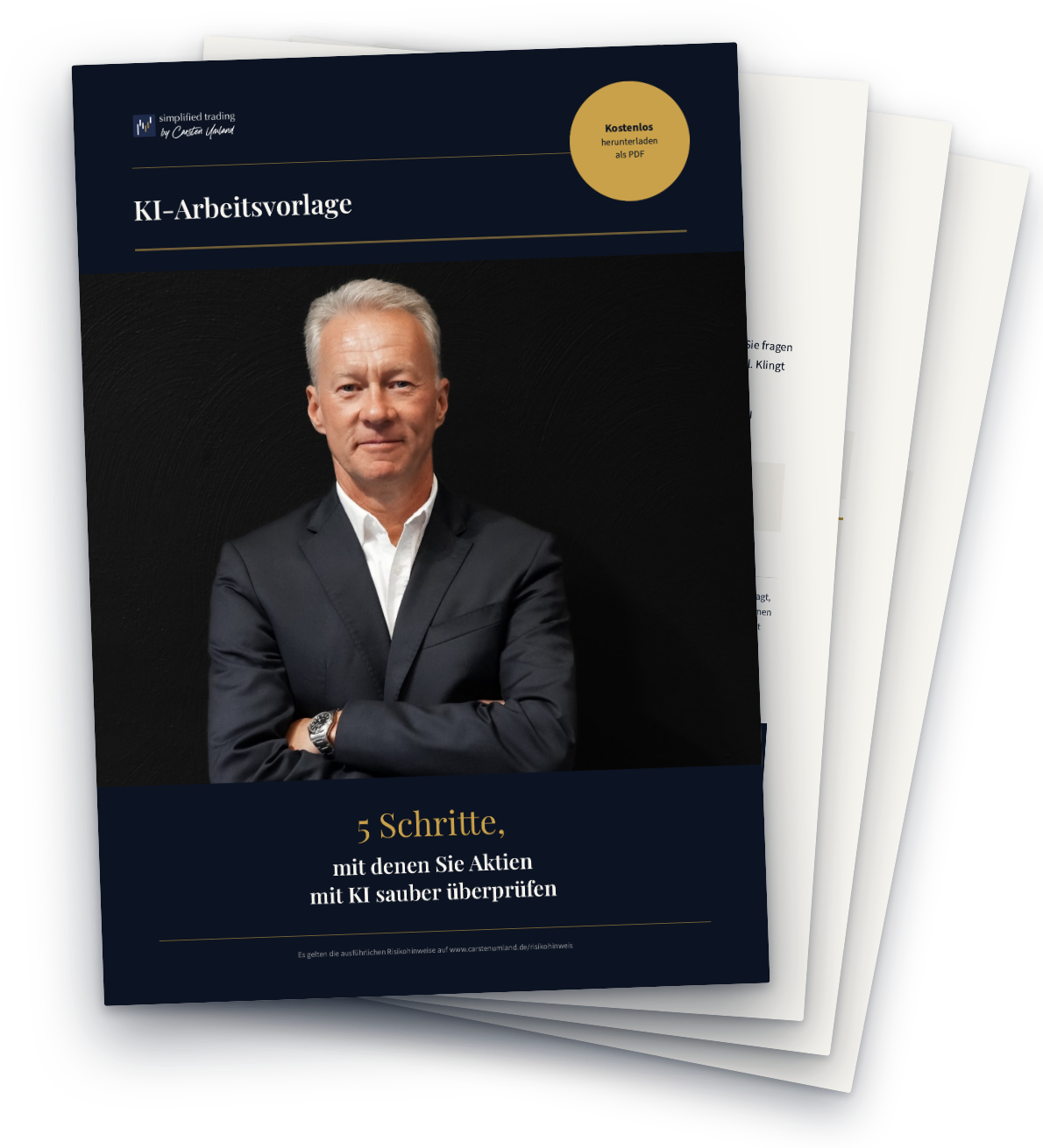 KI-Arbeitsvorlage „5 Schritte, mit denen Sie Aktien mit KI sauber überprüfen“ – Cover mit weiteren Seiten dahinter