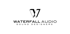 Schwarzes Logo mit V-Form und Text „WATERFALL AUDIO SOUND DESIGNER“ auf dunkelgrünem Hintergrund.