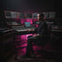 Dark music production studio with synthesizers and mixing consoles, lit by a magenta pink rim light