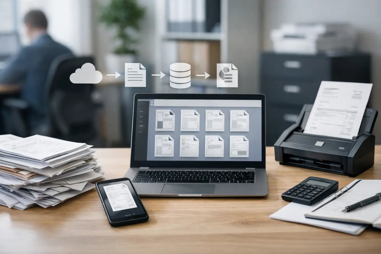 Digitalisierung von Dokumenten mit Laptop, Scanner und Cloud-Symbolen in einem modernen Büro.