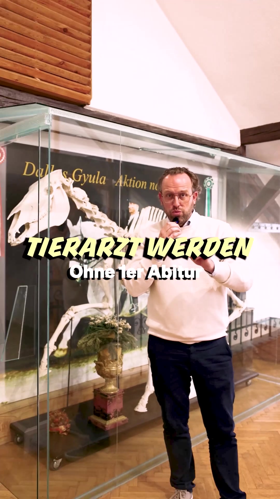 Standbild aus dem Video, Mr.Karriere vor einem Pferdeskelett im Anatomie-Museum der Universität