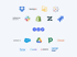 Logos beliebter Software-Anwendungen wie Dropbox, HubSpot, Oracle NetSuite, Slack, Shopify, ServiceNow, Salesforce, Google Drive, Box, Canva, Asana und SAP.