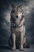 Grauer Wolf sitzt frontal und symmetrisch vor dunklem Studiohintergrund mit ruhigem, kontrolliertem Ausdruck. Typografisches Poster aus der Kollektion WILD WITHIN mit dem Wort „CONTROL.“