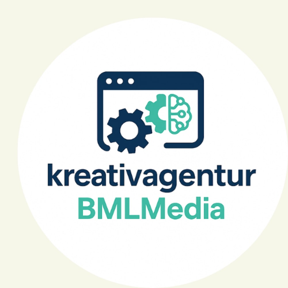Logo: Browserfenster mit Zahnrad und Gehirn, darunter "kreativagentur BMLMedia".