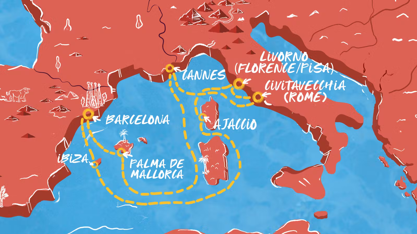 Map of Mediterranean cruise route: Ibiza, Palma de Mallorca, Barcelona, Cannes, Ajaccio, Livorno, Civitavecchia.