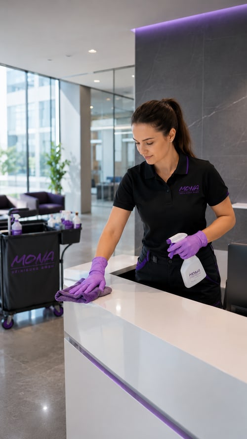 Mitarbeiterin von MONA Reinigung GmbH reinigt einen Empfangstresen in einem Bürogebäude