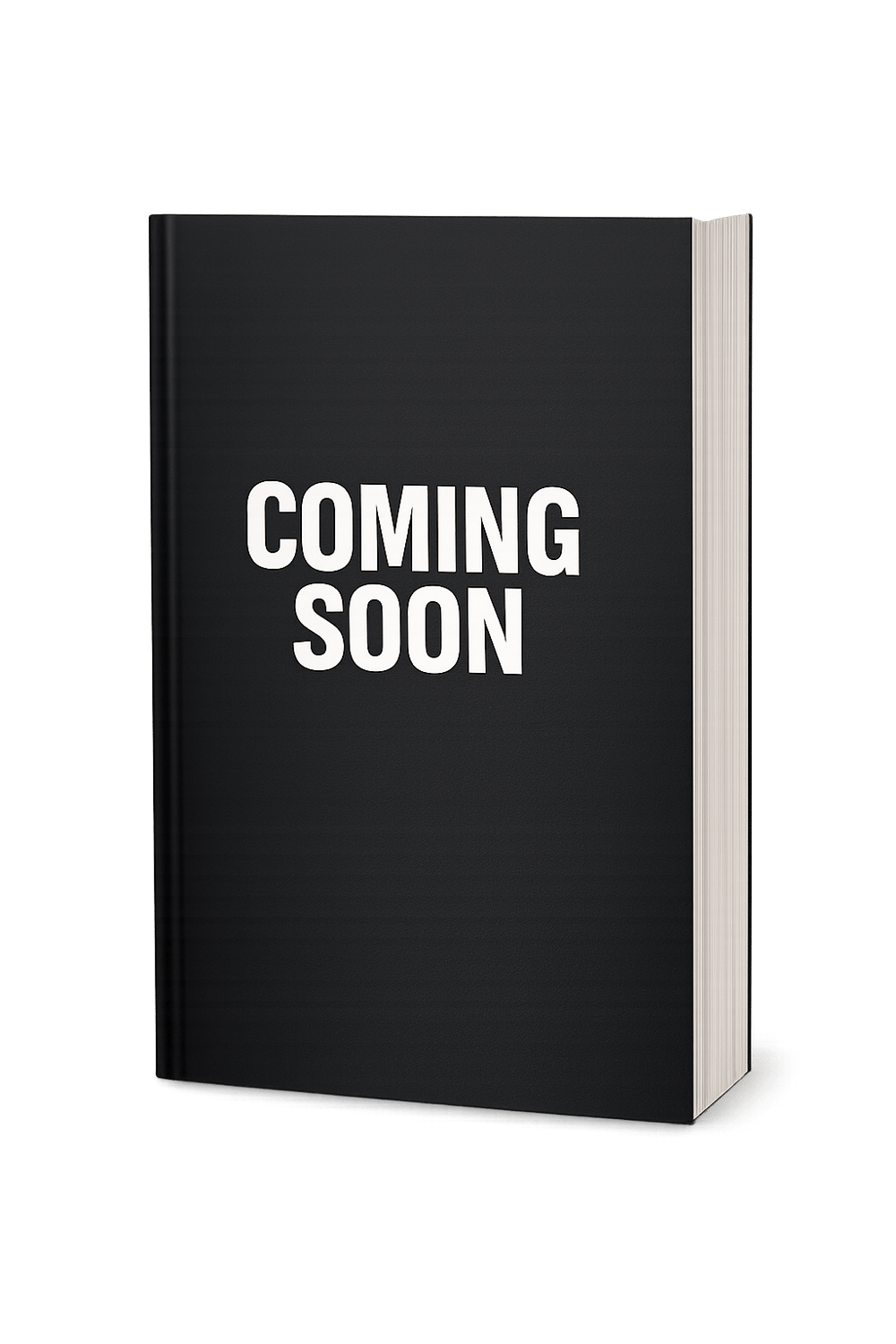 Ein schwarzes Buch mit dem weißen Text "COMING SOON" auf dem Cover, Seiten in Beige.