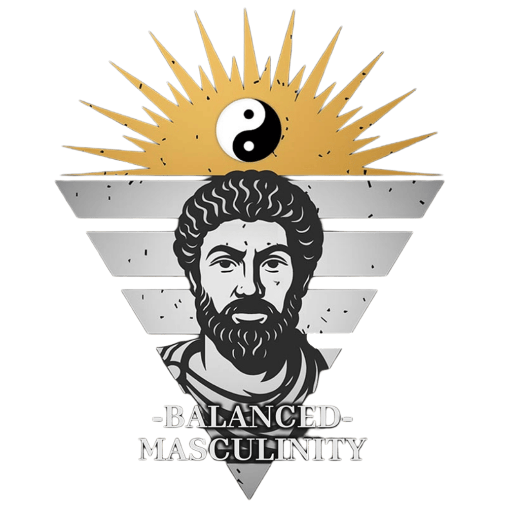 Ein Porträt eines Mannes mit Bart unter einem Yin-Yang-Symbol und Sonnenstrahlen, darunter der Text „BALANCED MASCULINITY“.