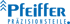 Pfeiffer Präzisionsteile Logo mit drei blauen Pfeilen, die nach oben zeigen.
