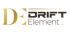 Goldene Buchstaben "DE" neben braunem Text "DRIFT Element" mit goldenen Streifen darüber.