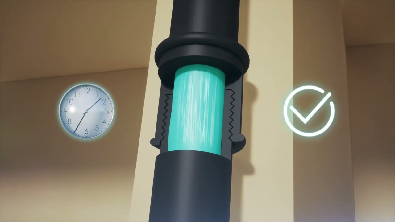 Animation: Abgedichtete Rohrverbindung mit Uhr und Häkchen-Symbol
