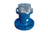Blaues, zylindrisches Fußventil mit Flanschbasis und silbernem Siebaufsatz.