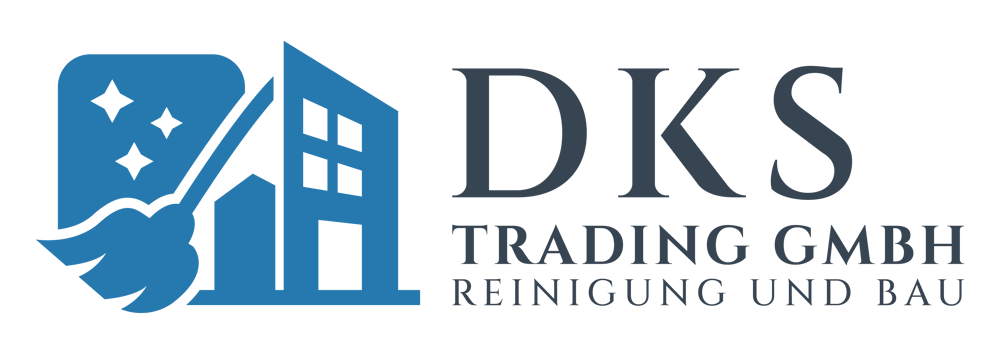 Logo von DKS Trading GmbH: Blauer Wischmopp und Gebäude, daneben Text "DKS TRADING GMBH REINIGUNG UND BAU".