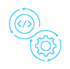 A blue icon showing a code symbol and a gear symbol, each encircled by arrows, connected in a figure-eight loop.