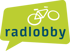 Limegrüne Sprechblase mit weißem Fahrrad-Piktogramm und "radlobby" in dunkelblauen Kleinbuchstaben.