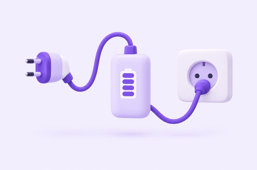 Illustration: Stecker, Akkupack und Steckdose mit Kabel
