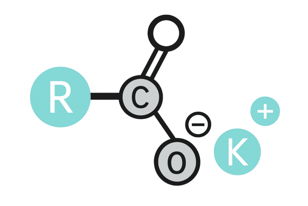 Eine Carboxylat-Molekülstruktur mit R-Gruppe und Kaliumion (K+)