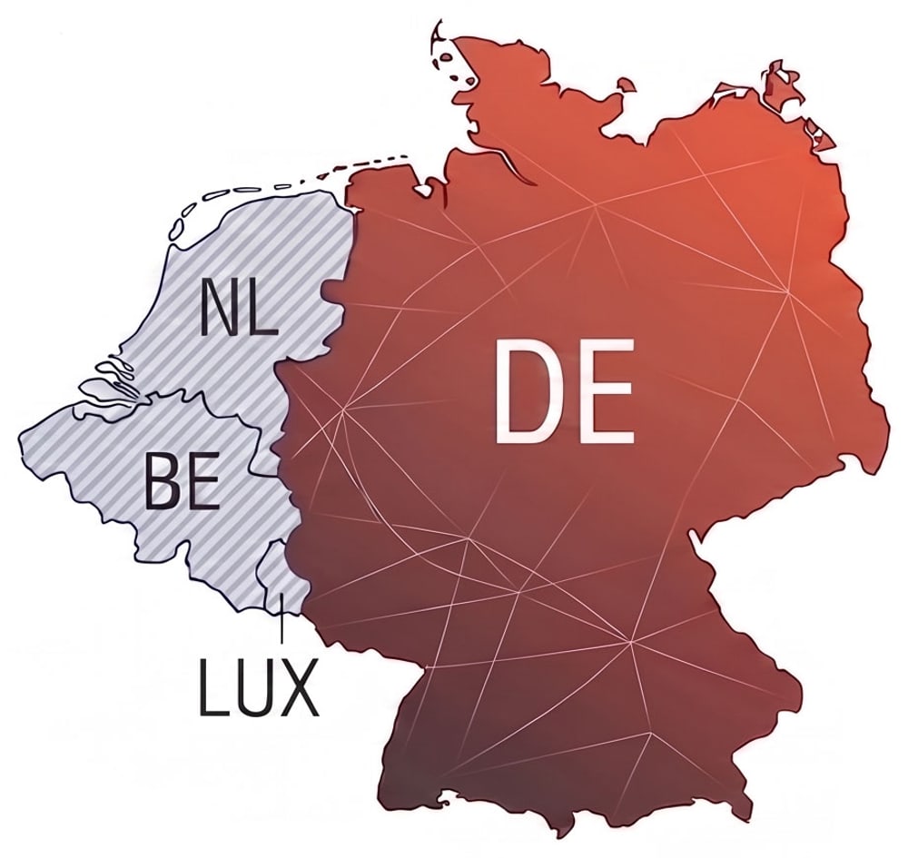 Landkarte von Deutschland (DE), den Niederlanden (NL), Belgien (BE) und Luxemburg (LUX) mit geometrischem Linienmuster.