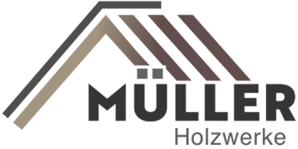 Logo der Müller Holzwerke mit einem stilisierten Hausdach aus braunen und grauen Holzbalken auf schwarzem Hintergrund.