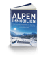 Buchcover "ALPEN IMMOBILIEN" mit Winterlandschaft und schneebedeckten Bergen.