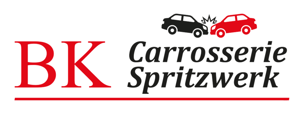 Logo von BK Carrosserie Spritzwerk mit zwei kollidierenden Autos auf schwarzem Hintergrund.