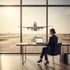 Mitarbeiterin am Laptop bucht Reisen, dahinter ein startendes Flugzeug am Fenster