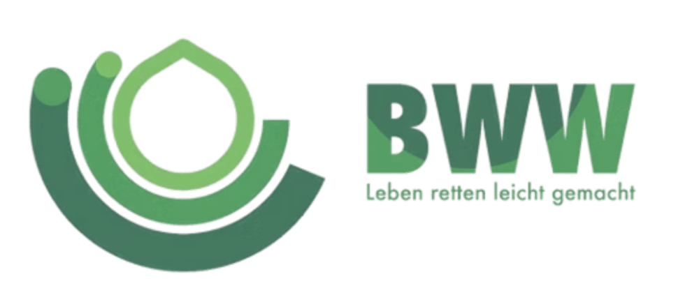 Logo mit grünem Tropfen-Symbol und Text "BWW Leben retten leicht gemacht" auf dunklem Hintergrund.