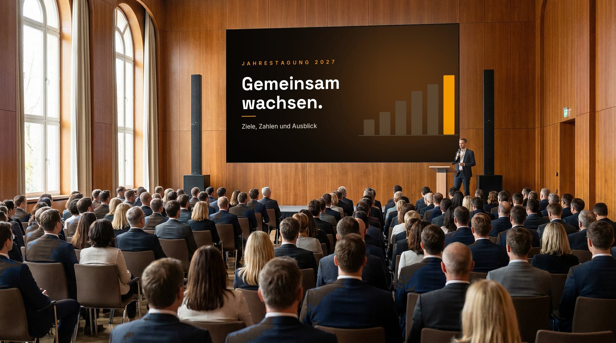 Saal mit LED-Wand und Publikum