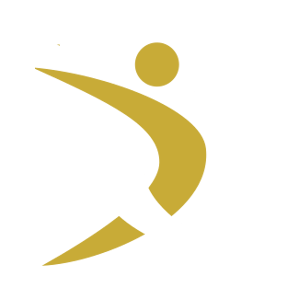 Goldene und weiße geschwungene Formen, die sich kreuzen, mit einem goldenen Kreis darüber auf grünem Hintergrund.