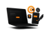 Lupe mit orangefarbenem „SEO“-Text vor einem Browserfenster und einem Google-„G“-Logo.