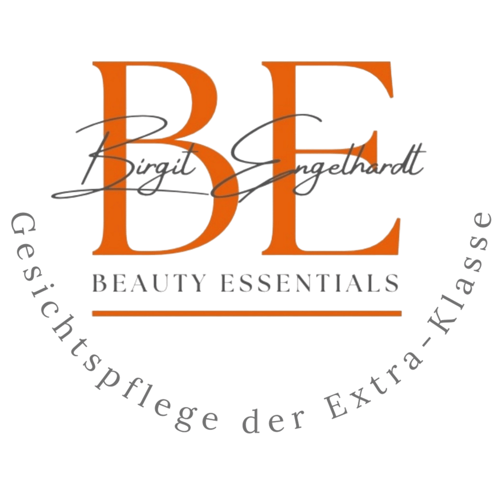 Logo: Große orangefarbene Buchstaben "BE" mit "Birgit Engelhardt" und "Beauty Essentials".