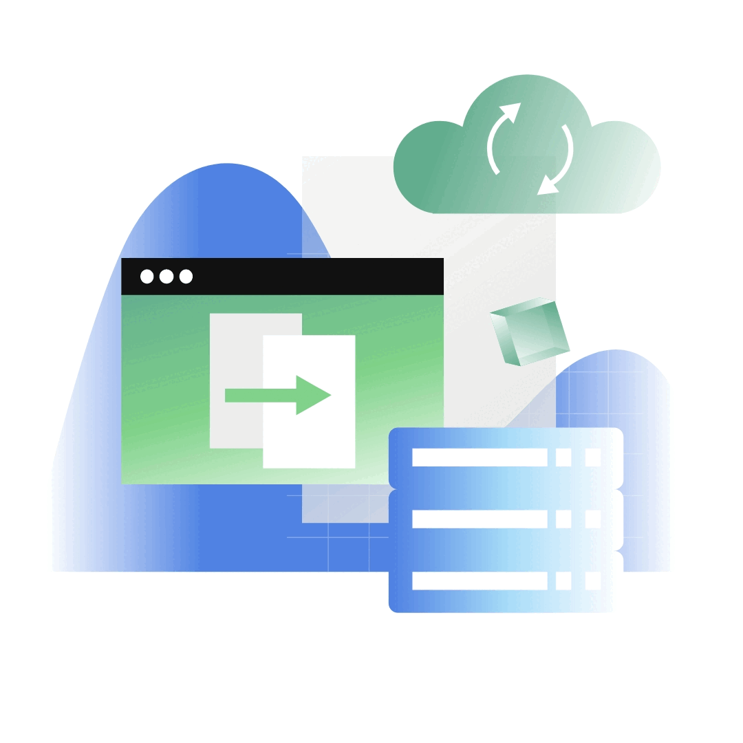 Ein Dashboard mit Dokumenten, daneben ein Regler, darüber ein grüne Wolke und Datentransfer-Symbol.