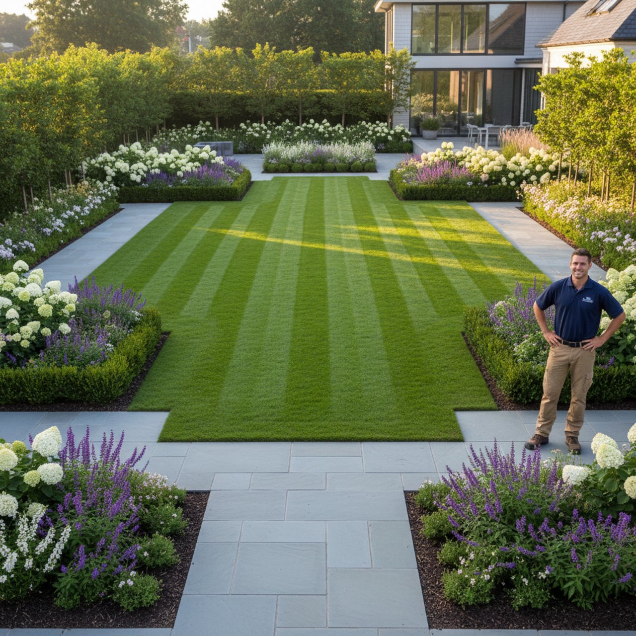 Gepflegter Garten mit neuen Pflasterwegen und Grünflächen