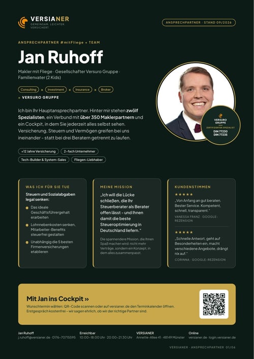 Ansprechpartner-Flyer Seite 1: Jan Ruhoff, Makler mit Fliege, mit Kundenstimmen und DIN-Siegel