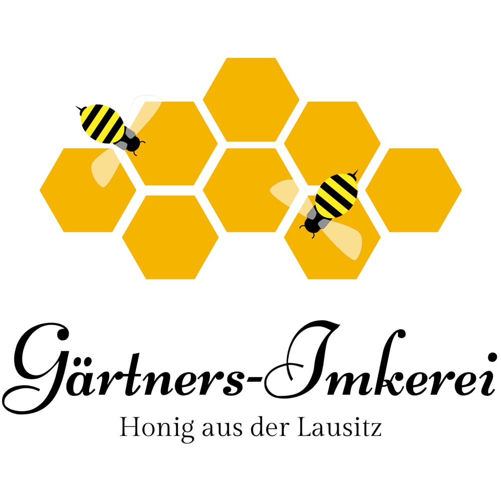 Gelbe Waben mit zwei Bienen, darunter "Gärtners-Imkerei" und "Bee happy – eat honey!".