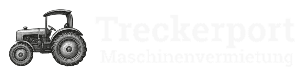 Grauer Traktor und weißer Text "Treckerport Maschinenvermietung" auf dunkelgrünem Hintergrund.
