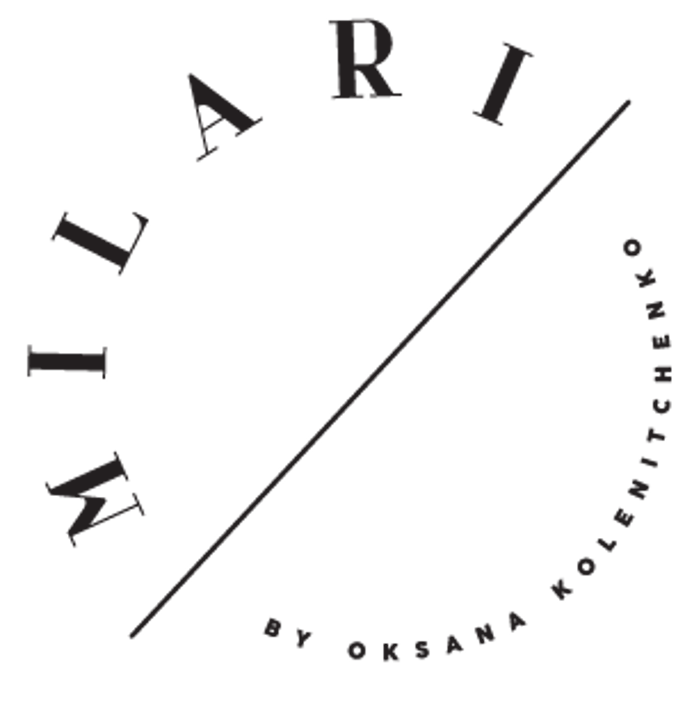Logo „MILLARI“ in einem Kreis mit diagonalem Strich und „BY OKANA KOLENITCHENKO“.