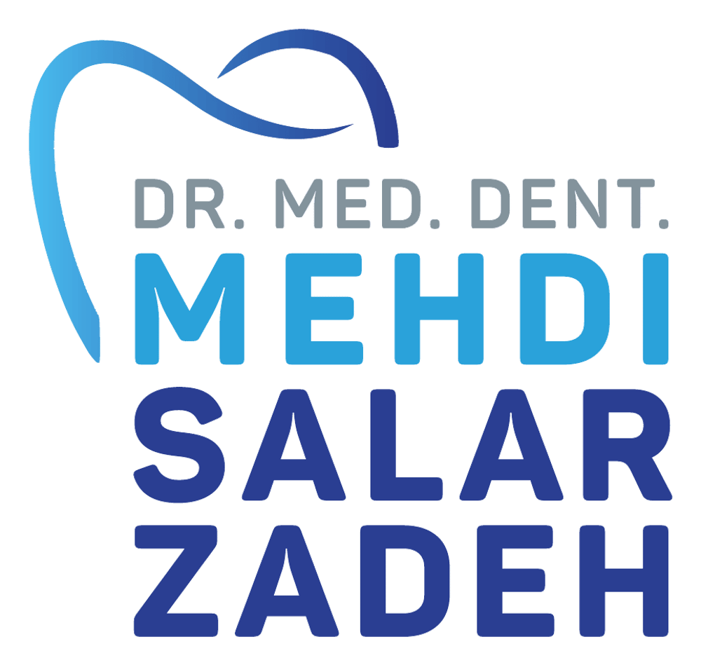 Logo von Dr. med. dent. Mehdi Salarzadeh mit blauer Zahn-Silhouette auf schwarzem Hintergrund.