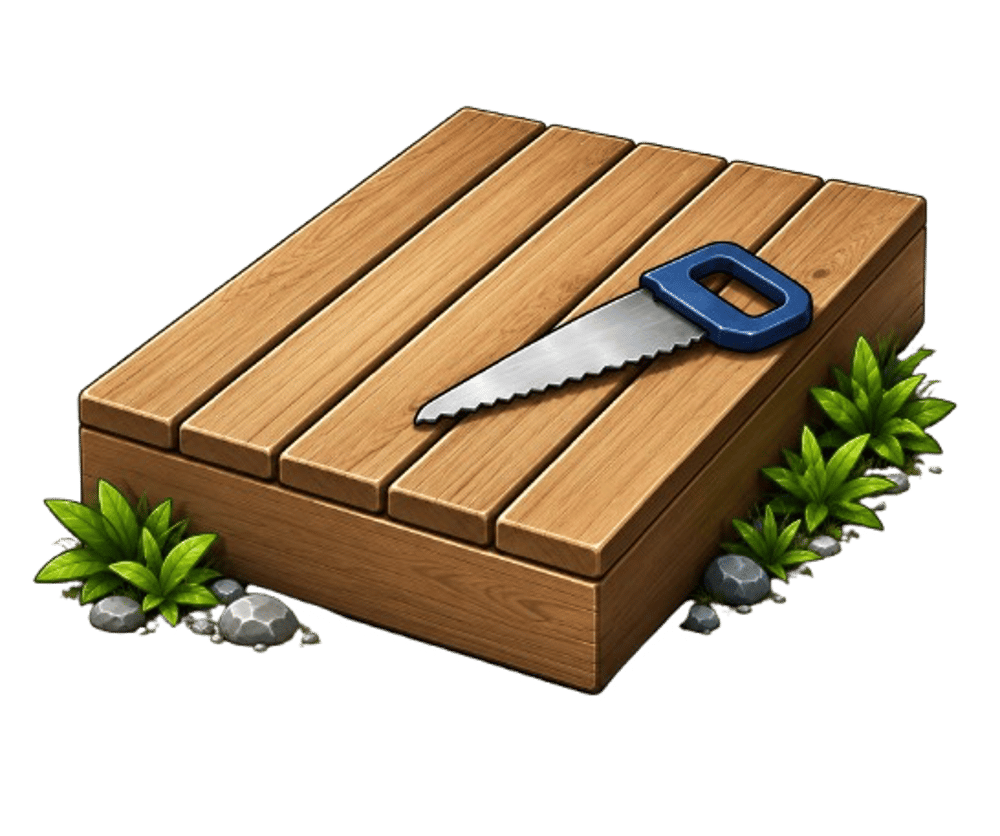 Handsäge mit blauem Griff auf einem Holzpodest zwischen Pflanzen