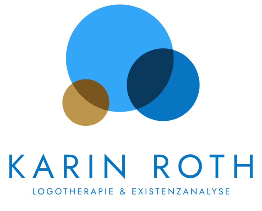 Logo von Karin Roth Logotherapie & Existenzanalyse mit drei überlappenden Kreisen in Blau und Gold auf schwarzem Grund.