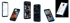 Sechs blaue Smartphones zeigen verschiedene Apps mit Grafiken, Videos und Textinhalten.