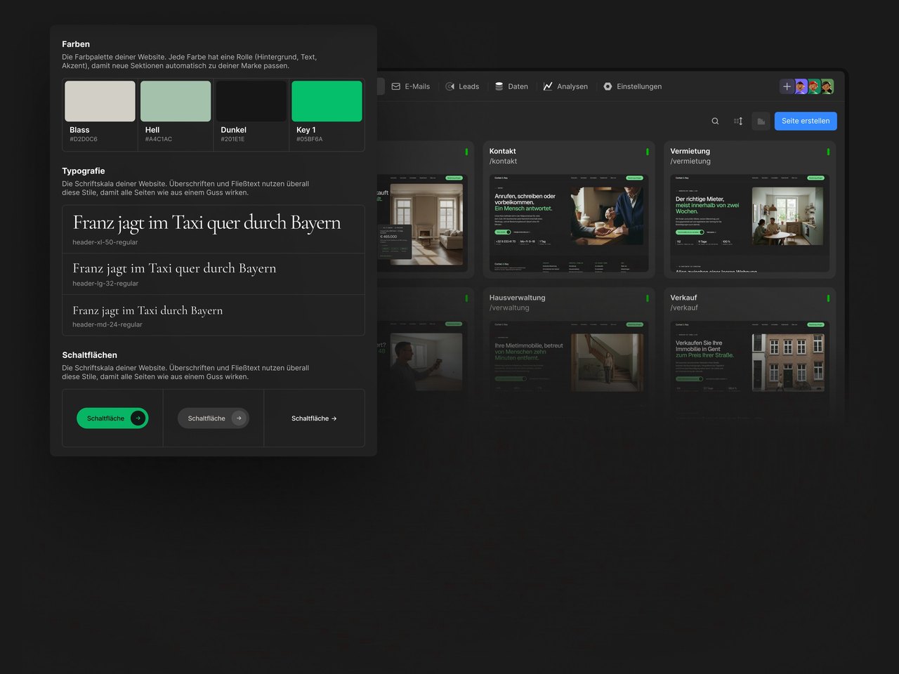 Stil-Panel der Website neben der Liste der Leistungsseiten im Editor