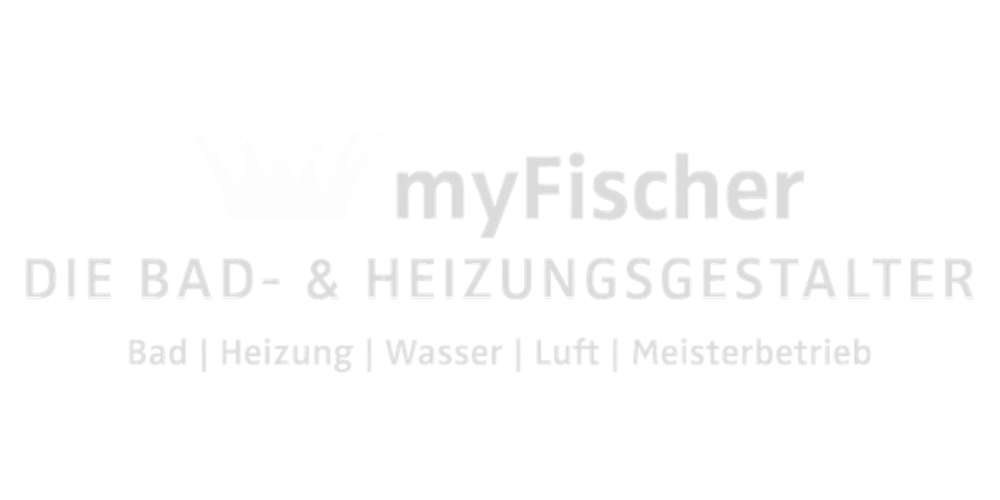 Logo von myFischer mit Krone und dem Text "DIE BAD- & HEIZUNGSGESTALTER Bad | Heizung | Wasser | Luft | Meisterbetrieb".
