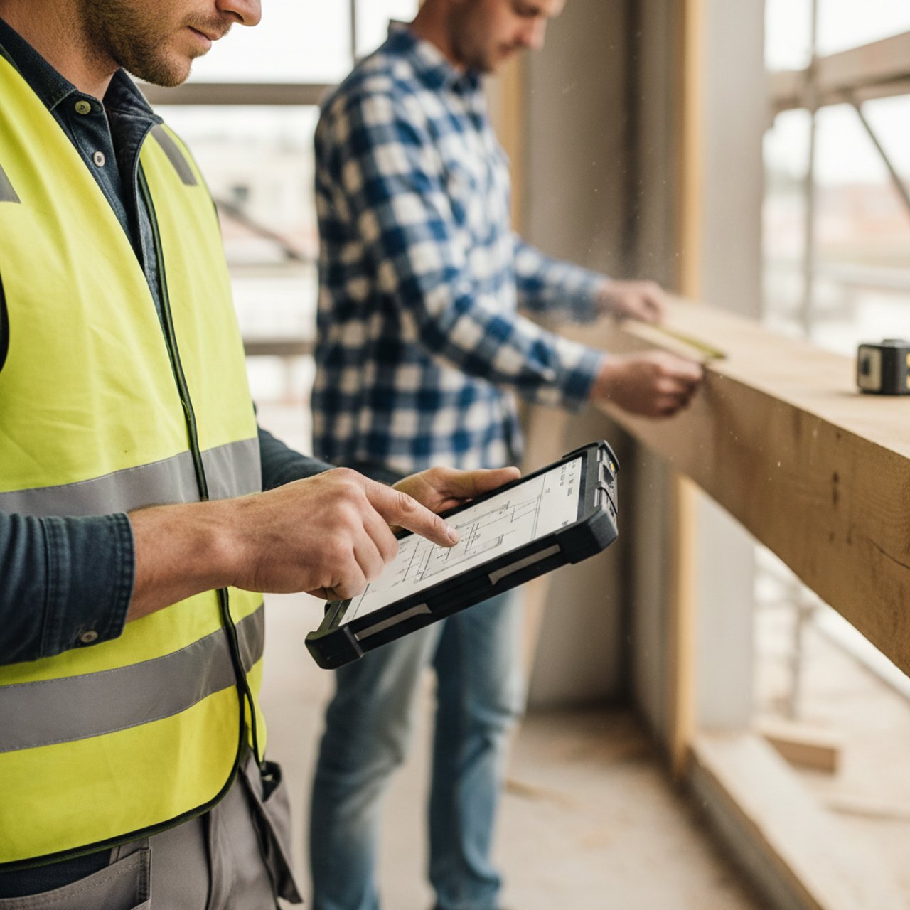 Handwerker erfasst Daten auf einem Tablet an der Werkbank